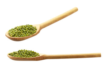 Mung beans in a wooden spoon isolated on white background.