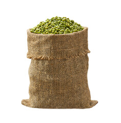 Raw mung beans in sack isolated on white background.