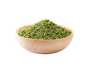Raw mung beans in a wooden bowl isolated on white background.