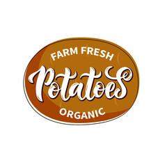 Hand sketched Potatoes product lettering typography. Concept for farmers market, organic food, natural product design. Potato logo, emblem, sign, badge, icon. Vector illustration, brush calligraphy