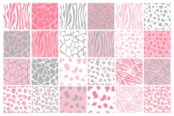 Animal seamless pattern set. Mammals Fur. Collection of print skins. Predators. Cheetah, Giraffe, Tiger, Zebra, Leopard, dalmatian, attle, Jaguar. Printable Background. Vector illustration.