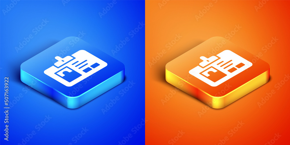 Sticker isometric identification badge icon isolated on blue and orange background. it can be used for prese