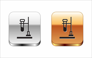 Black Glass test tube flask on fire heater experiment icon isolated on white background. Laboratory equipment. Silver-gold square button. Vector