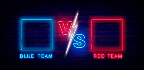 Confrontation versus neon banner. Square space for team names. Boxing and match betting. Vector stock illustration