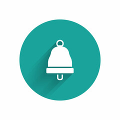 White Ringing bell icon isolated with long shadow. Alarm symbol, service bell, handbell sign, notification symbol. Green circle button. Vector