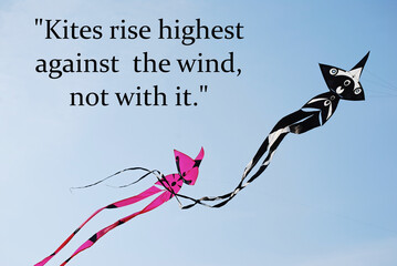 Kites rise highest against the wind, not with it. Motivational and inspirational quote. - obrazy, fototapety, plakaty