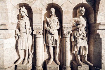 Arpad-era warrior statues at Fisherman's Bastion. Budapest, Hungary