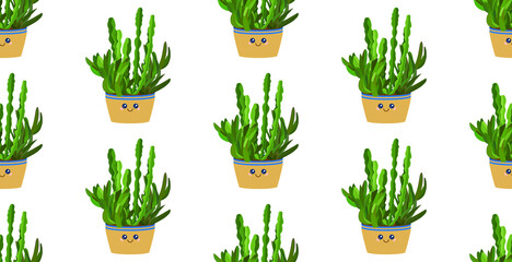Green cactus plants with kawaii smile emoji faces in cute flowerpots. Home dry-resistant plant, kawaii cacti seamless pattern. Green decorative cactus plants. Anime faces, eyes, smile emoticon on pots