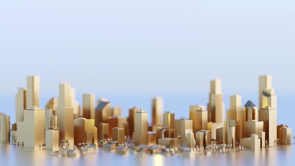 Clean, modern golden city with skyscrapers. Abstract concept. Digital 3D rendering.