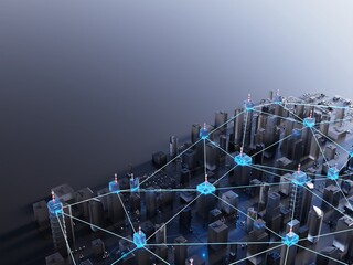 Modern, futuristic smart city. Internet, decentralized networks concept. Abstract background. Digital 3D rendering.