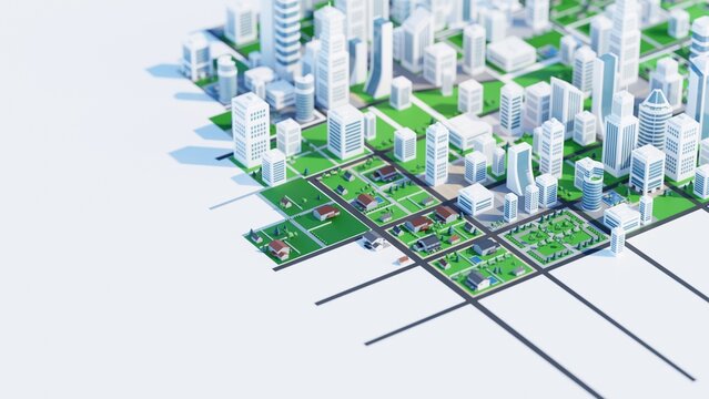 Clean, modern city with parks and green spaces. Digital 3D rendering.