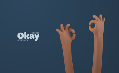Okay sign two 3d cartoon african human hands vector illustration. Ok gesturing arms fun web banner