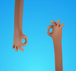 3d isolated two 3d cartoon african human hands showing Okay sign vector illustration. Ok gesturing ethnic arms fun on blue background.