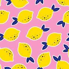 Seamless pattern with bright cartoon lemons on a pink background