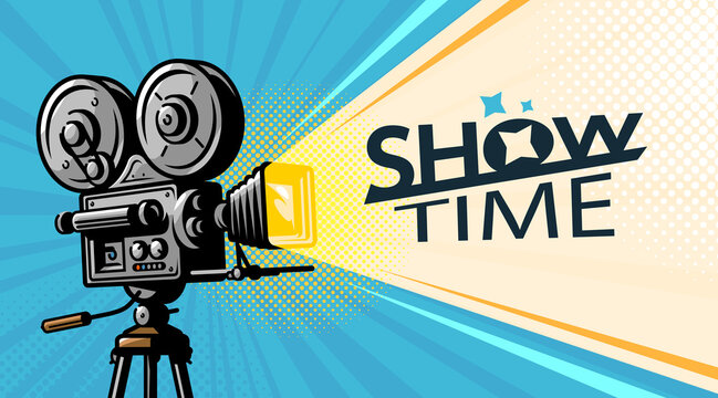 Movie projector on tripod. Entertainment show, cinema concept. Retro film camera vector illustration