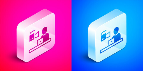 Isometric Breaking news icon isolated on pink and blue background. News on television. News anchor broadcasting. Mass media. Evening news. Silver square button. Vector