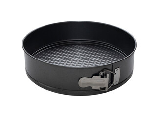 Springform pan for cakes or soft desserts, isolated. Round baking tin with formed base