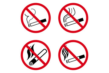 No smoking red signs set, forbidden icons isolated on white