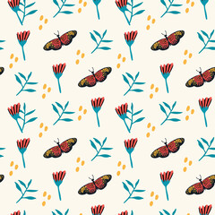 Pattern with butterflies and flowers. Illustration with fluttering doodle background in nature. Cartoon moths for textiles. Vector illustration