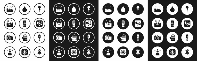 Set Microphone, Stereo speaker, Champagne bottle, Snowfall, Christmas lights, ball, Glass of champagne and Photo camera icon. Vector