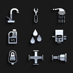 Set Water drop, Industry metallic pipe, Pipe adapter, Gas boiler, Toilet urinal or pissoir, Drain cleaner bottle, Shower and tap icon. Vector