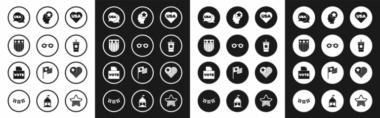 Fototapeta premium Set USA Independence day, Glasses with stars, Shield, Paper glass straw, Head, and Vote box icon. Vector