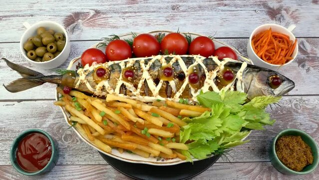 Fried mackerel fish with french fries, tomatoes and celery leaves rotating slowly on turntable.