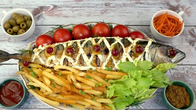 Fried mackerel fish with french fries, tomatoes and celery leaves rotating slowly on turntable.