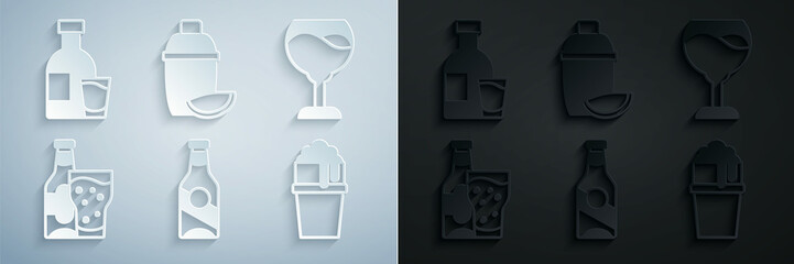 Set Beer bottle, Wine glass, and, Glass of beer, Cocktail shaker with lime and Bottle vodka icon. Vector