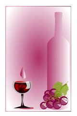 Illustration of bottle and glass of red wine on a pink background. Appropriate for covers, decorations, invitations and presentations of the wine list. Vectors.