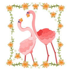 Isolated cute birds in love Floral frame Vector illustration