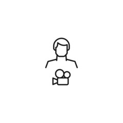 Obraz premium Monochrome sign drawn with black thin line. Modern vector symbol perfect for sites, apps, books, banners etc. Line icon of video camera next to faceless man