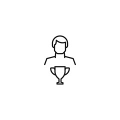 Monochrome sign drawn with black thin line. Modern vector symbol perfect for sites, apps, books, banners etc. Line icon of winner cup next to faceless man