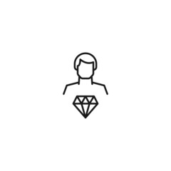 Monochrome sign drawn with black thin line. Modern vector symbol perfect for sites, apps, books, banners etc. Line icon of diamond or jewel next to faceless man