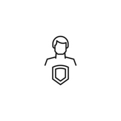 Monochrome sign drawn with black thin line. Modern vector symbol perfect for sites, apps, books, banners etc. Line icon of armor or shield next to faceless man