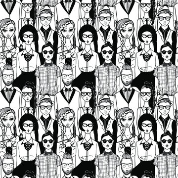 Seamless Pattern With A Group Of Fashionable People. 