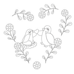 Isolated cute birds in love Floral frame Vector illustration