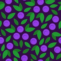 blueberry. seamless pattern with wild berries. textile ornament. blue berries and green leaves on a dark blue background. vector illustration.