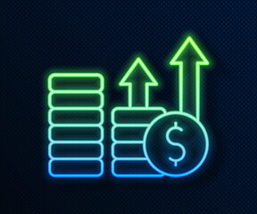 Glowing neon line Financial growth and dollar coin icon isolated on blue background. Increasing revenue. Vector