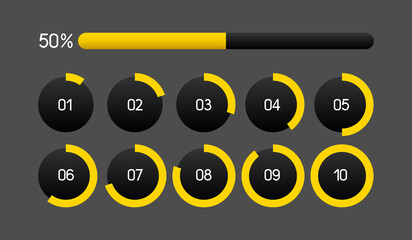 Time line for workout Time and progress counter. Round seconds counter and percent line. Vector set isolated on white background.