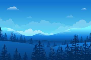 Blue night Winter mountains landscape with pine forest and mountain range 