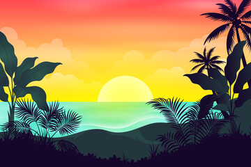Fototapeta na wymiar Ocean landscape in sunset or sunrise with tropical floral and colorful sky