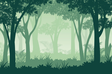 Wild dark jungle forest with silhouettes of trees and bushes nature landscape 
