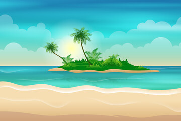 Fototapeta na wymiar Beach shore line with small island palm trees during daytime