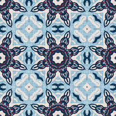 Indigo blue red batik geo nautical seamless pattern. Modern marin geometric kaleidoscope sailor print. Nantucket fabric textile style. Summer rustic masculine worn linen effect maritime decor. 