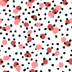Abstract hand drown polka dots background. White dotted seamless pattern with color circles. Template design for invitation, poster, card, flyer, textile, fabric