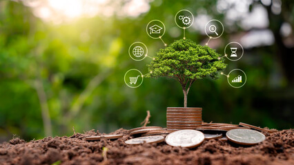 A tree growing on a pile of coins and a green background is a concept of financial system development and economic growth. - obrazy, fototapety, plakaty