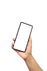 The hand is holding the white screen, the mobile phone is isolated on a white background with the clipping path.