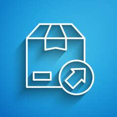 Obraz premium White line Carton cardboard box icon isolated on blue background. Box, package, parcel sign. Delivery and packaging. Long shadow. Vector