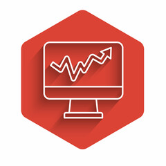 White line Computer monitor with graph chart icon isolated with long shadow background. Report text file icon. Accounting sign. Audit, analysis, planning. Red hexagon button. Vector